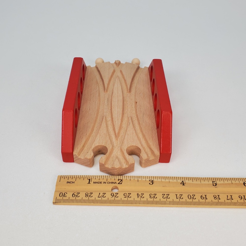Wooden Railway Double Track Bridge Red Railing Train Set Accessory - Picture 7 of 7